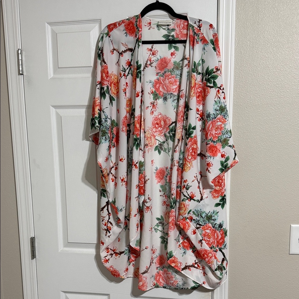 Floral Open-Front Tunic Kimono in Coral and Green